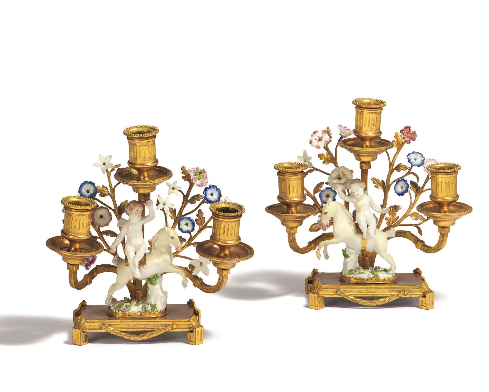 BRONZE PAIR OF THREE-LIGHT CANDLESTICKS WITH CUPIDS RIDING HORSES - Image 2 of 6