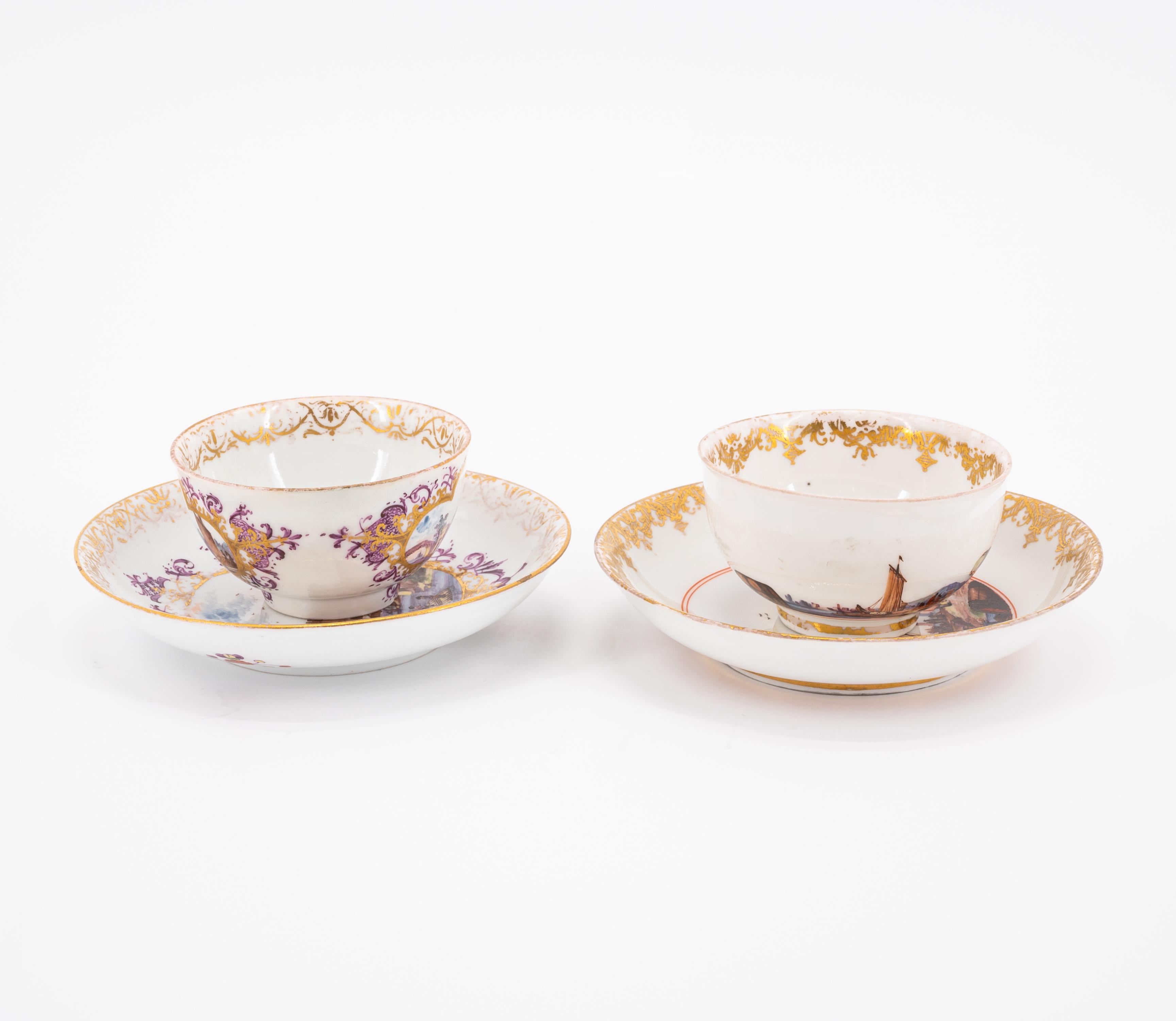 TWO TEA BOWLS WITH SAUCERS AND ONE SUGAR BOWL AND LID WITH MERCHANT SCENES - Image 4 of 11