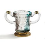 EARLY DOUBLE-HANDLED GLASS GOBLET WITH POWDER ENAMELLING AND HUNTING ENGRAVING