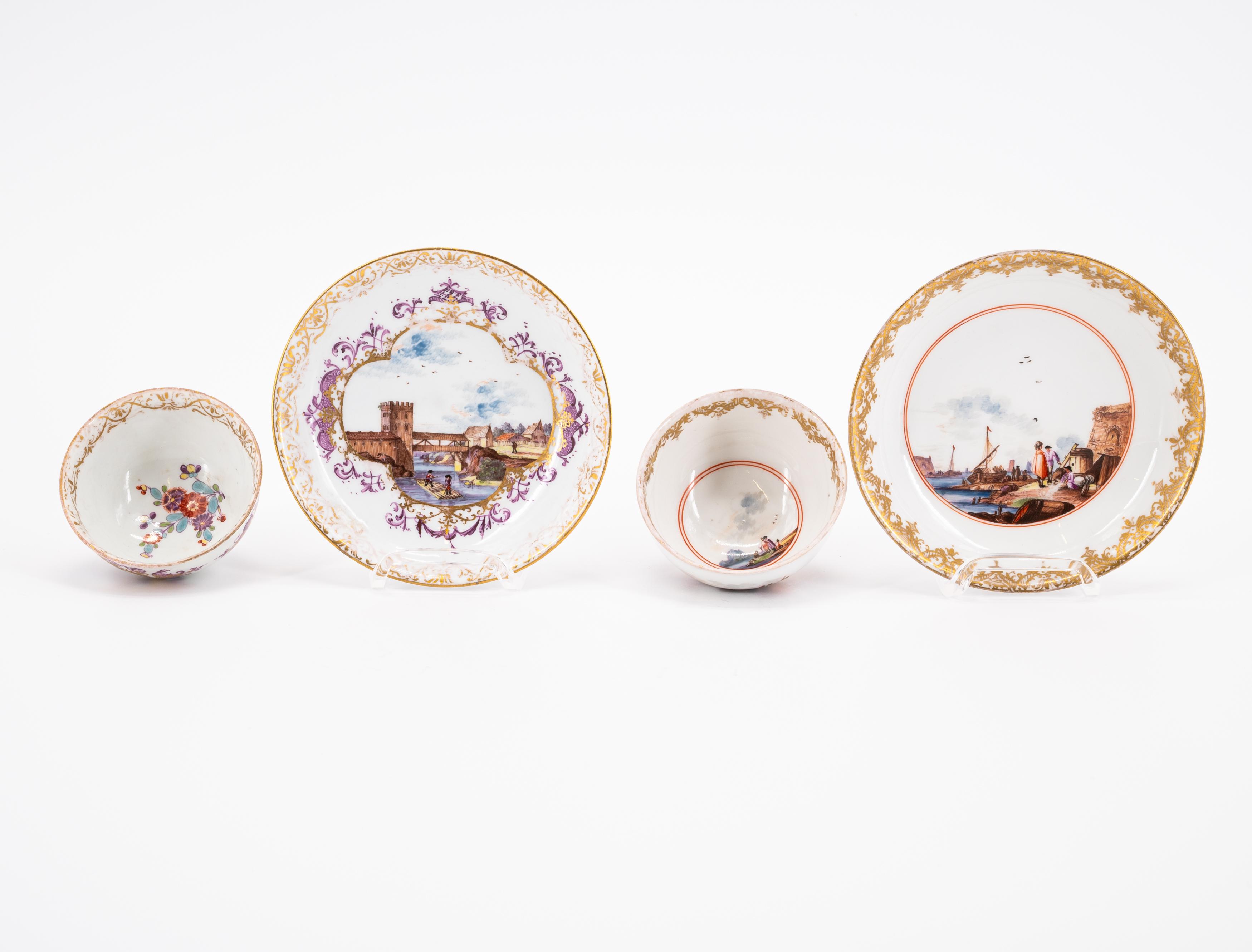 TWO TEA BOWLS WITH SAUCERS AND ONE SUGAR BOWL AND LID WITH MERCHANT SCENES - Image 5 of 11