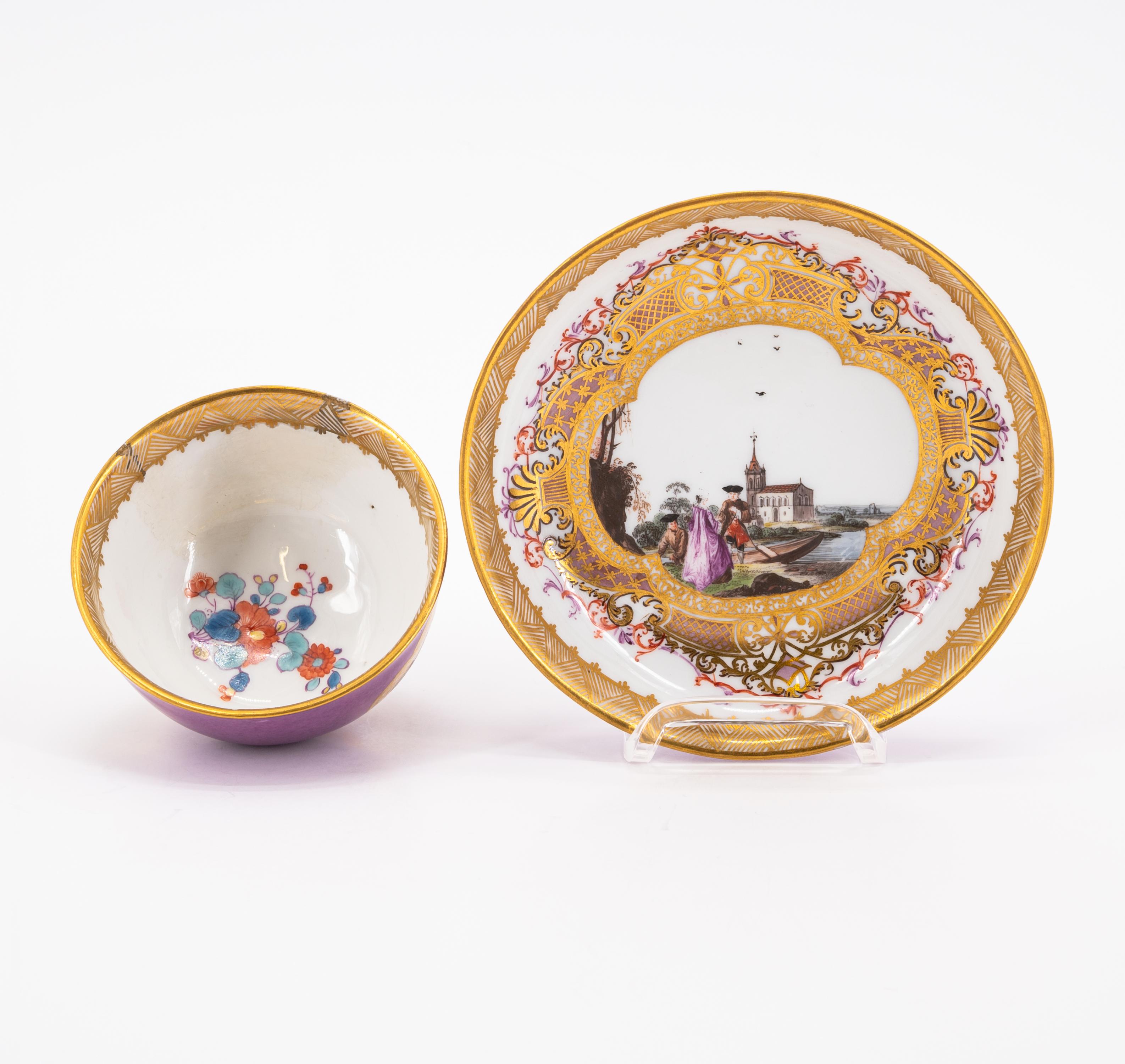 TWO PORCELAIN TEA BOWLS AND TWO SAUCER WITH PURPLE FOND AND MERCHANT NAVY SCENE - Image 10 of 11