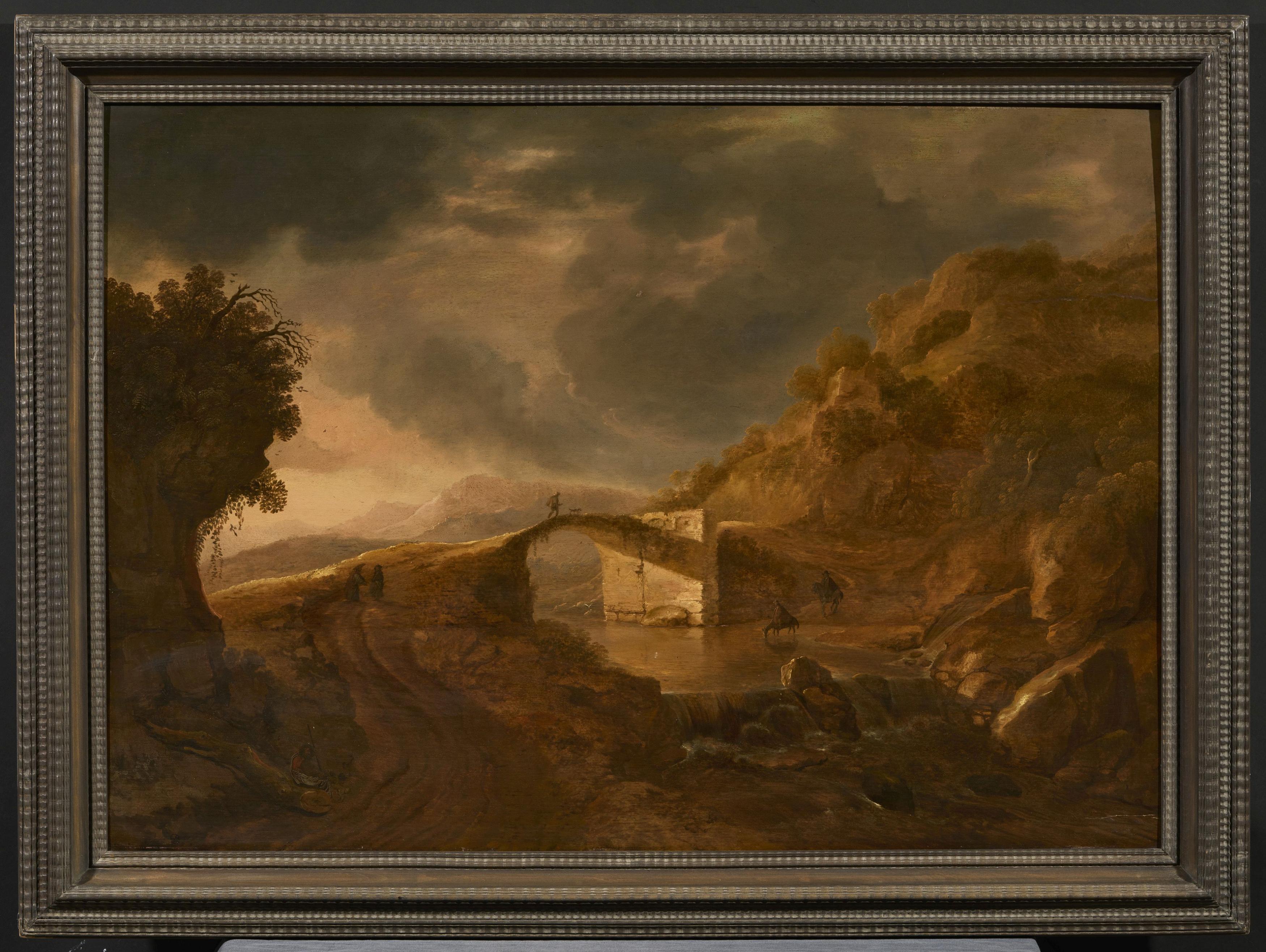 Cornelis Matthieu: River Landscape with Travellers on a Bridge - Image 2 of 4