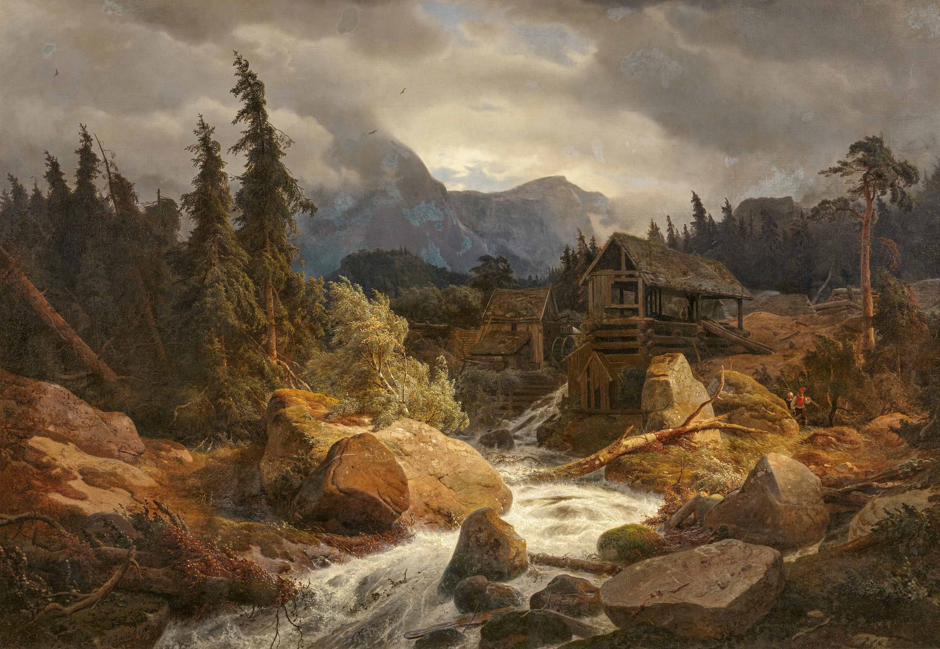 Andreas Achenbach: Wildbach mit Wassermühle in Norwegen