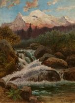 August Lohr: Mexikanische Gebirgslandschaft mit einem Wasserfall vor dem Iztaccíhuatl