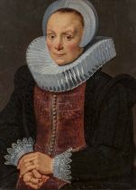 Niederländische Schule: Porträt einer vornehmen Dame mit Spitzenhaube und weißer Halskrause