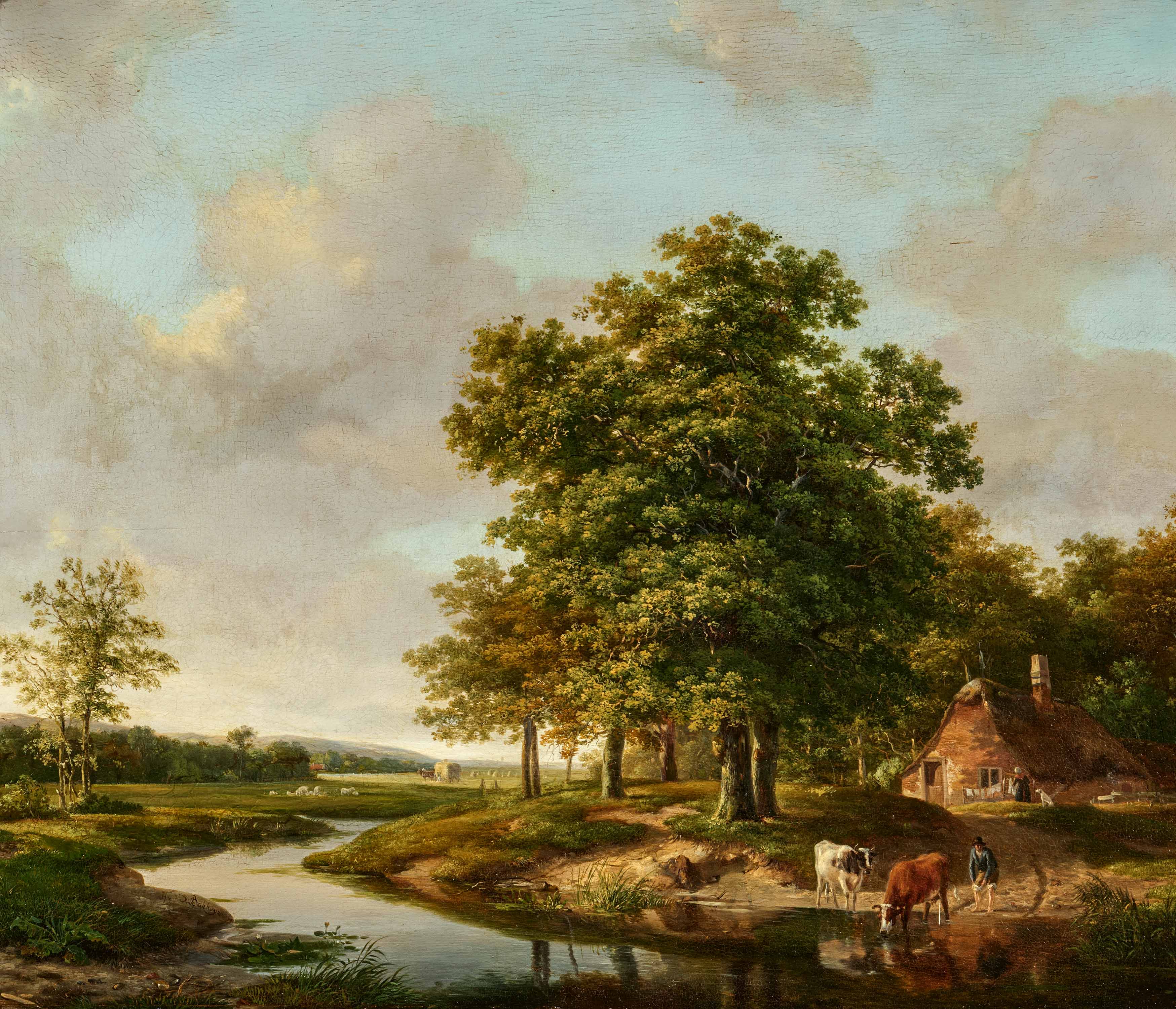 Hendrikus van de Sande Bakhuyzen: Wide Landscape with Cattle at the Waterside