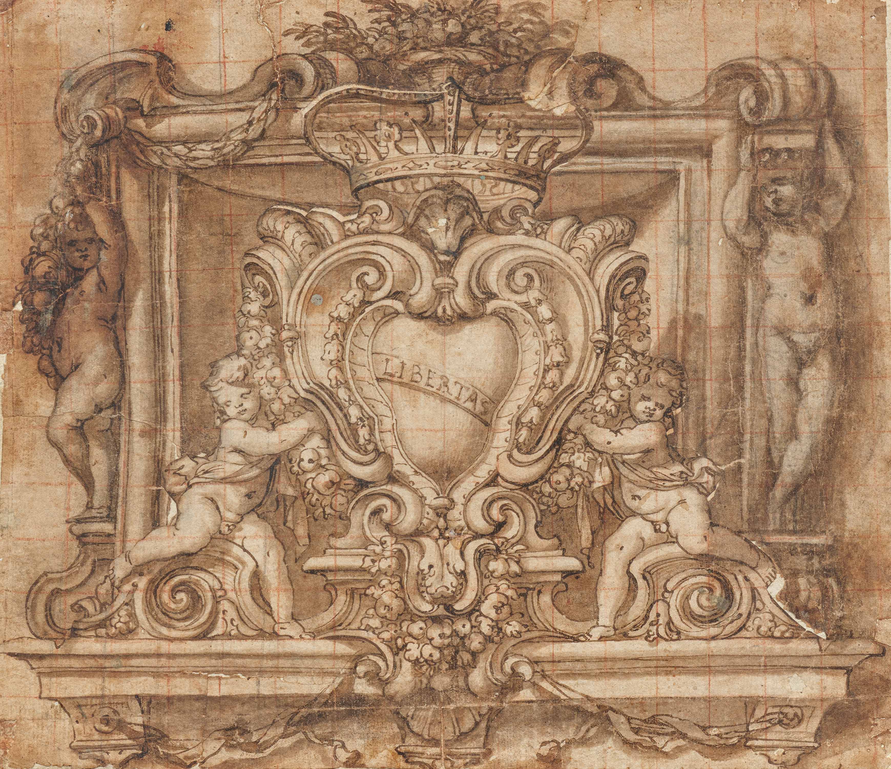 Domenico I Piola: Dekoratives Motiv mit Putten, die ein Wappen halten