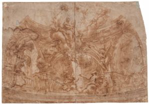 Domenico I Piola: Große dekorative Entwurfsskizze mit dem Bild des Heiligen Lukas und der Jungfrau M