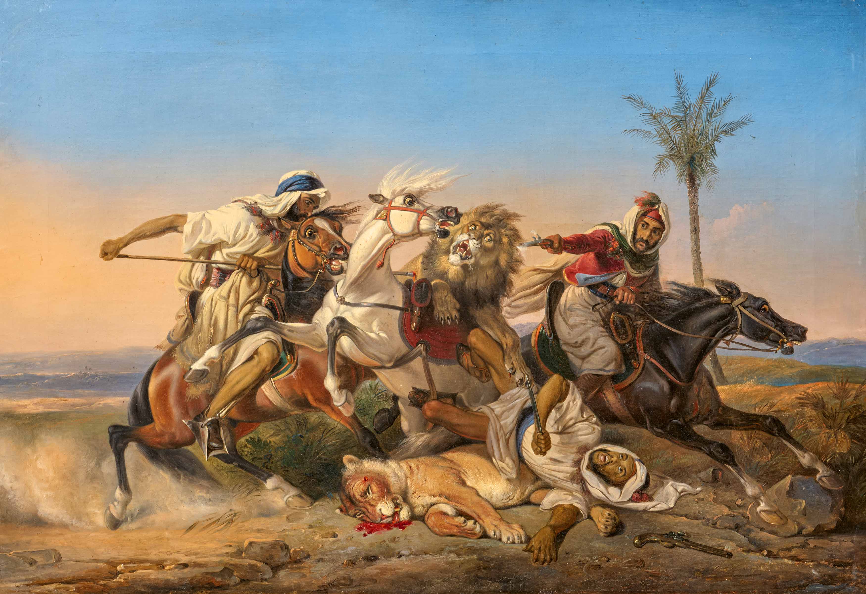 Raden Saleh Ben Jaggia: Battle between Arab Horsemen and a Lion