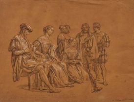 Giuseppe Sabatelli: Gruppe von sitzenden Figuren, die der Lesung von Gerusalemme Liberata folgen
