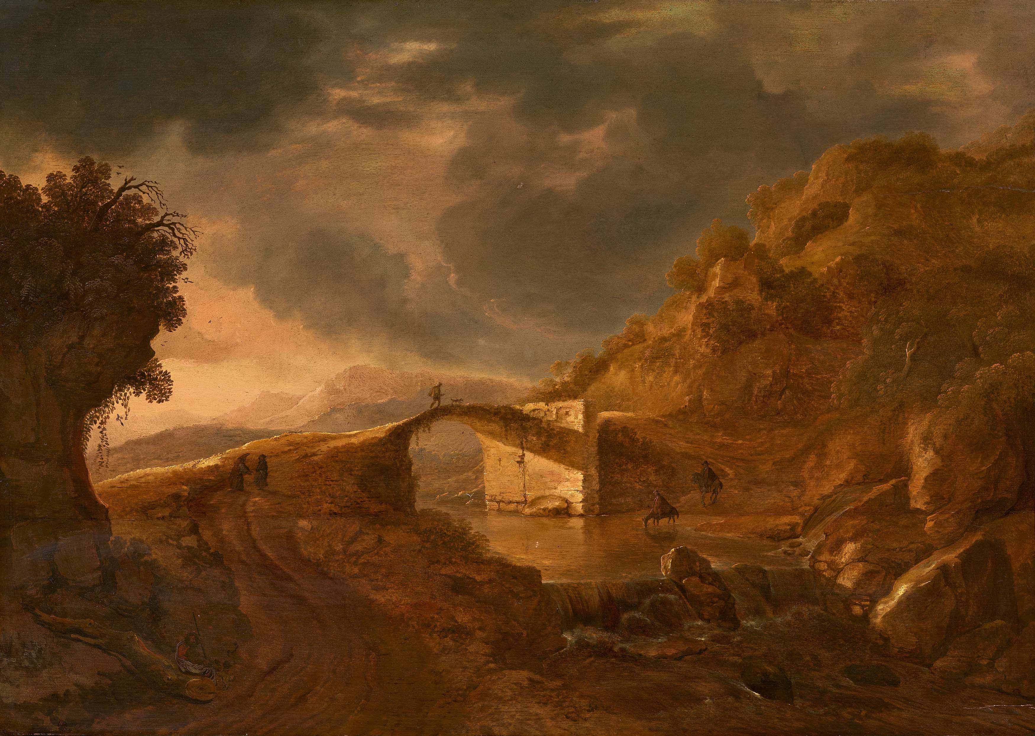 Cornelis Matthieu: River Landscape with Travellers on a Bridge