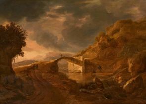 Cornelis Matthieu: Flusslandschaft mit Reisenden auf einer Brücke