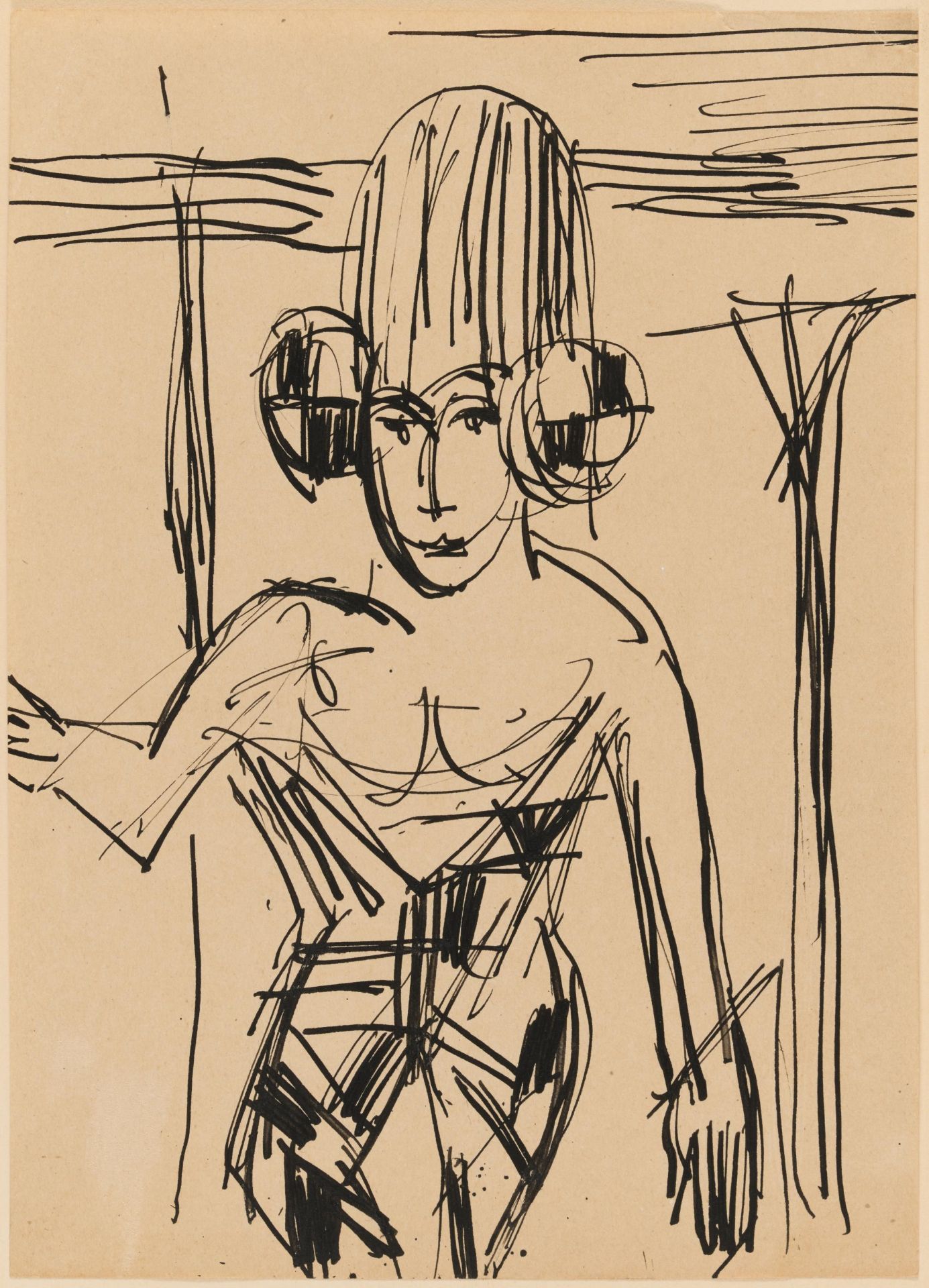 Ernst Ludwig Kirchner: Tänzerin mit hoher Kopfbedeckung. Von vorne gesehen in dreiviertel Figur - Bild 2 aus 3