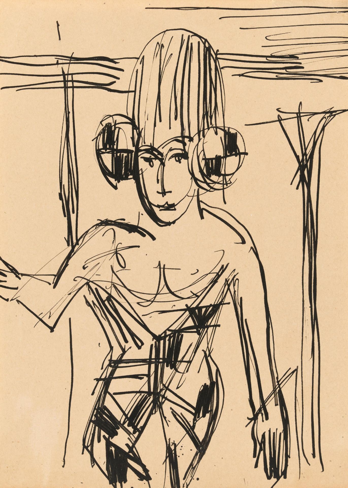 Ernst Ludwig Kirchner: Tänzerin mit hoher Kopfbedeckung. Von vorne gesehen in dreiviertel Figur
