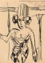 Ernst Ludwig Kirchner: Tänzerin mit hoher Kopfbedeckung. Von vorne gesehen in dreiviertel Figur