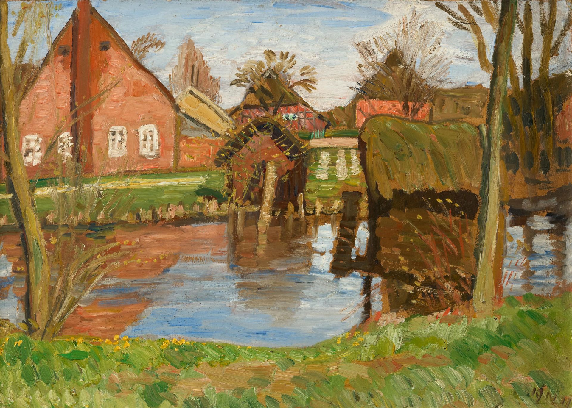 Otto Modersohn: Frühjahr an der Wümme mit Entenhäusern