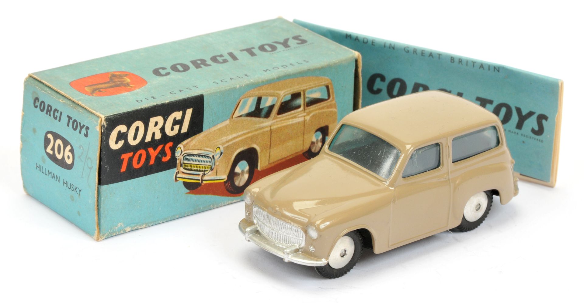 Corgi Toys 206 Hillman Husky - Fawn body, silver trim and flat spun hubs