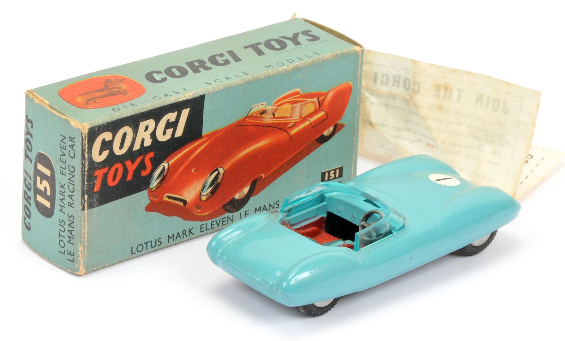 Corgi Toys 151 Lotus Mark 11 Le Mans Racing car - Drab light blue, red seats, silver trim - Image 2 of 2
