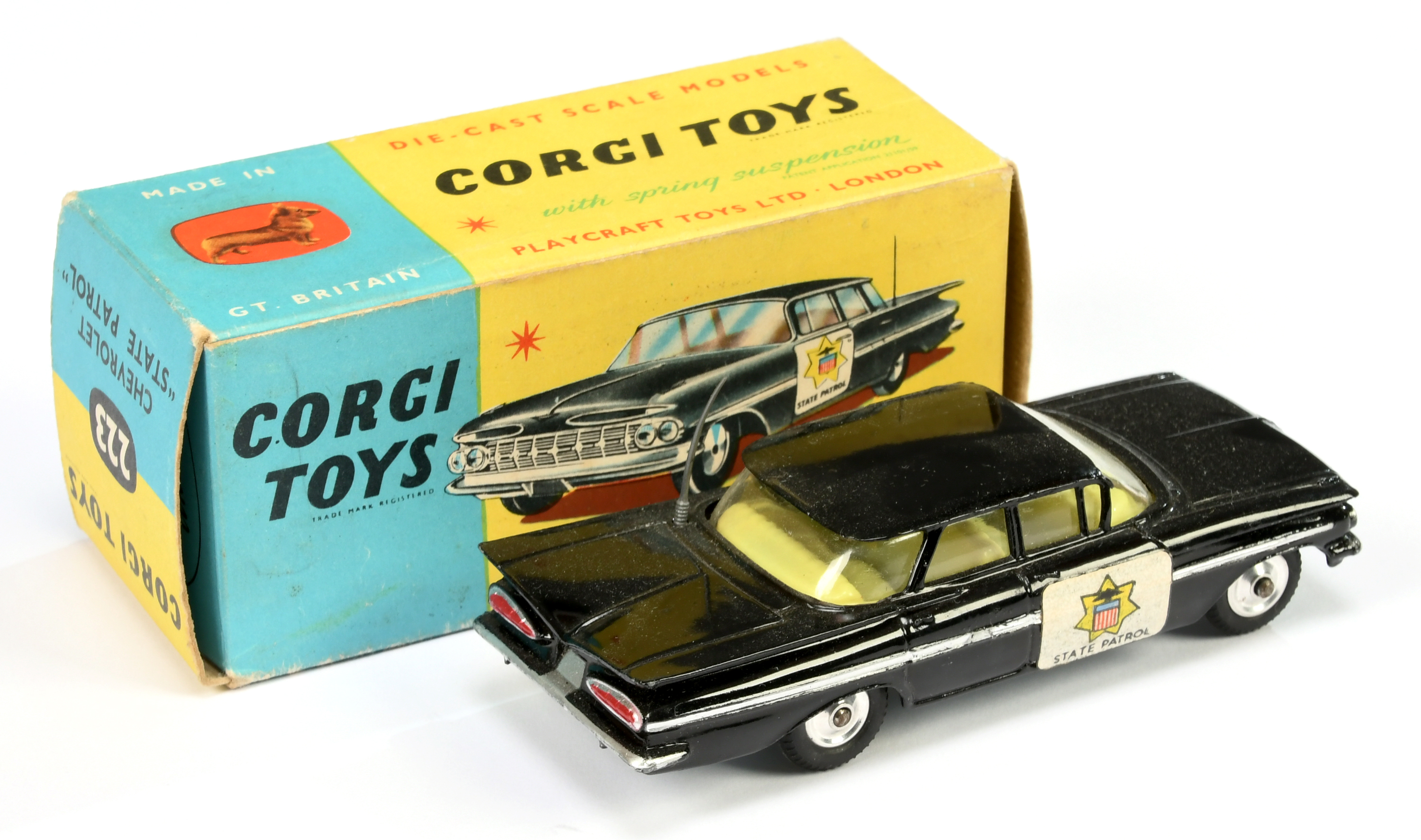 Corgi Toys 223 Chevrolet Impala "State Patrol" car - Black body, lemon interior, silver trim - Image 2 of 2