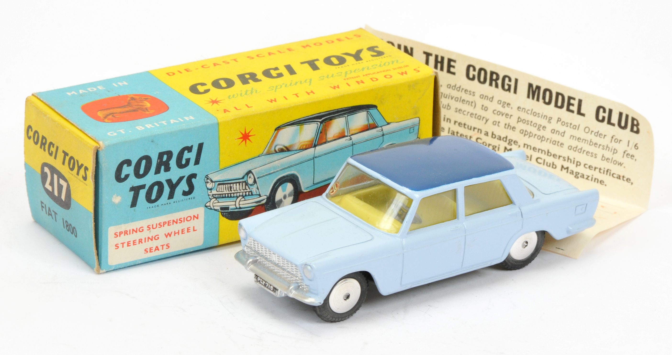 Corgi Toys 217 Fiat 1800 - Light sky blue with dark blue roof, lemon interior, silver trim flat s...