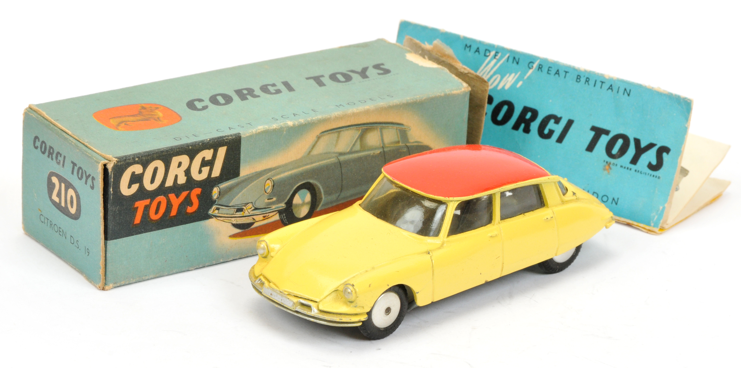 Corgi Toys 210 Citroen DS10 - Yellow body with red roof,, silver trim and flat spun hubs
