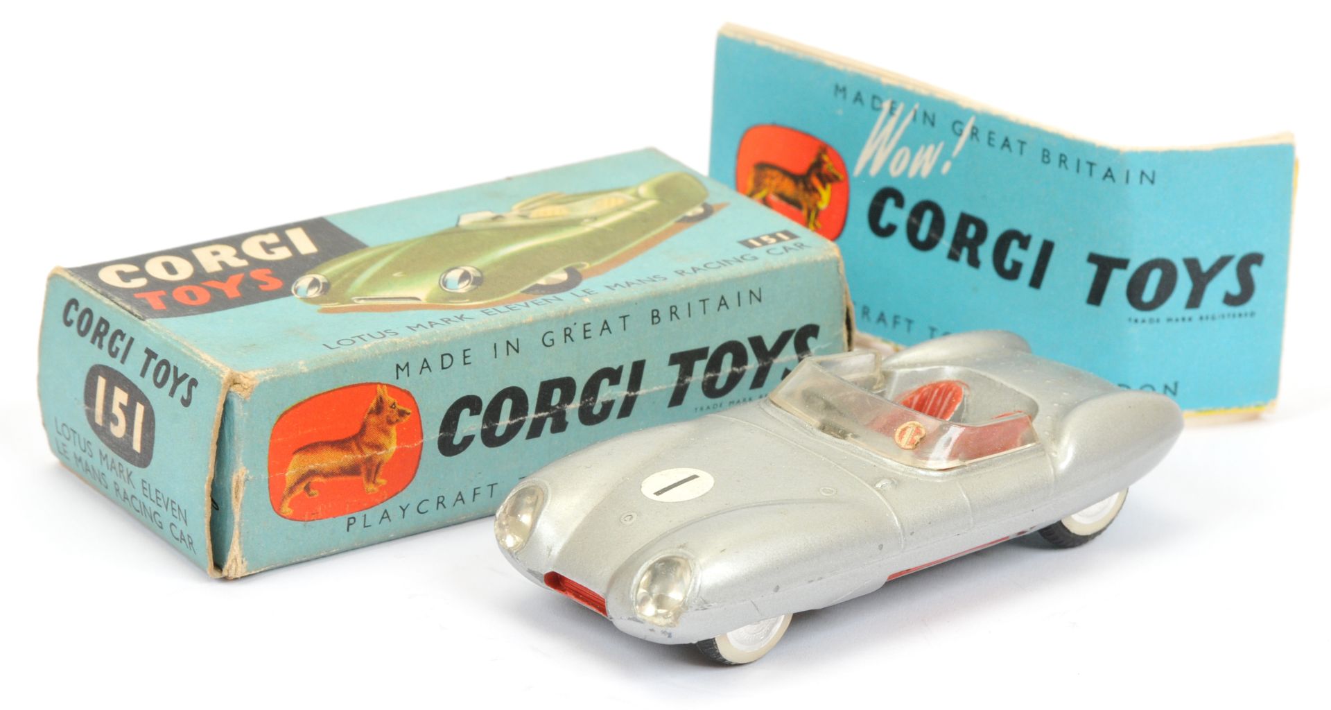 Corgi Toys 151 Lotus Mark 11 Le Mans Racing car - silver, red seats and trim, flat spun hubs