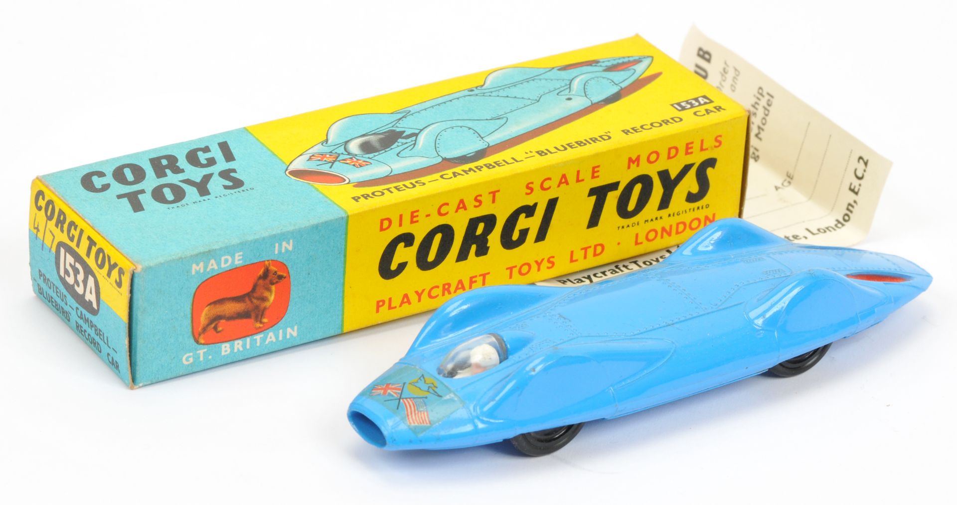 Corgi Toys 153A Proteus-Campbell Record car - blue body with red rear flashes, black plastic wheels