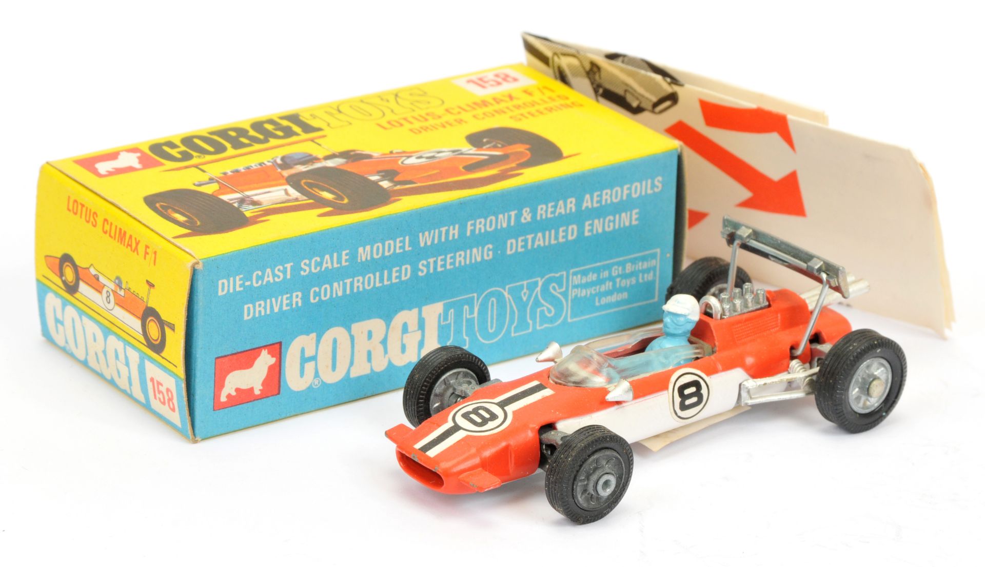 Corgi Toys 158 lotus Climax Formula 1 racing car - Two-Tone orange and white, figure driver, cast...