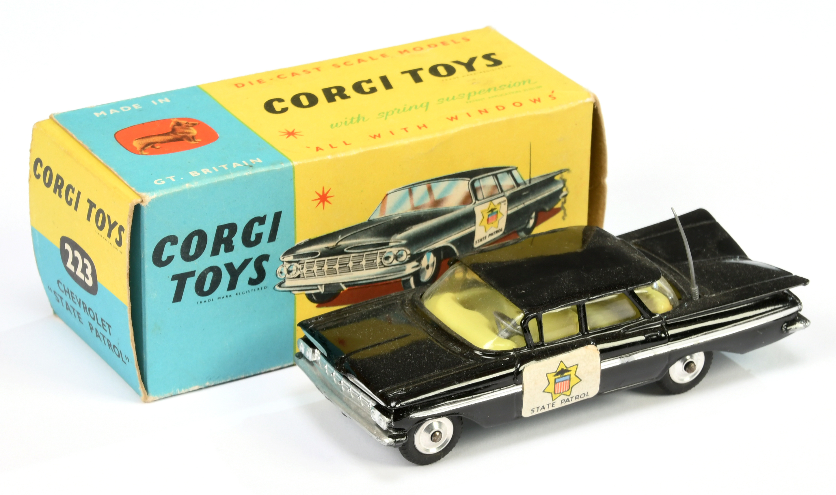 Corgi Toys 223 Chevrolet Impala "State Patrol" car - Black body, lemon interior, silver trim