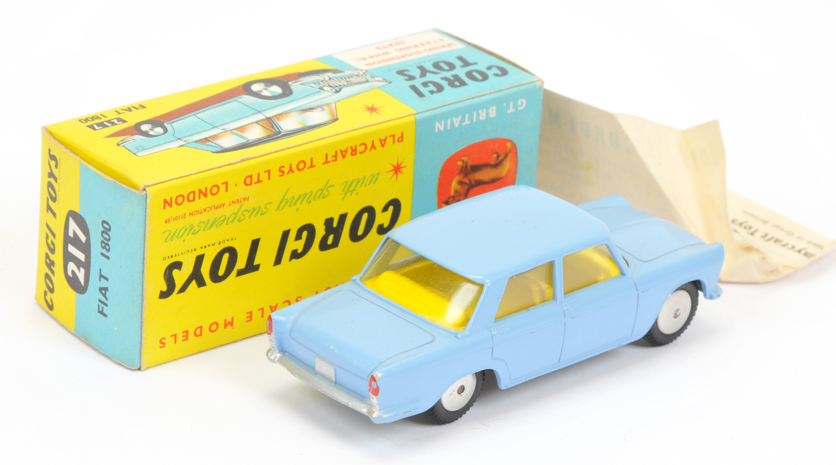 Corgi Toys 217 Fiat 1800 - Light blue body including roof, yellow interior, silver trim flat spun... - Image 2 of 2