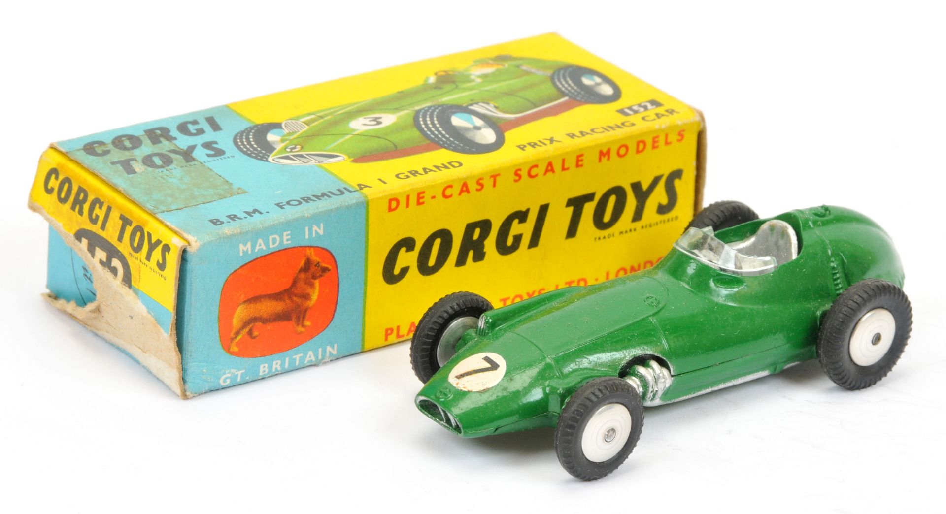 Corgi Toys 152 BRM Formula 1 "Grand Prix" Racing car - green, silver interior and trim, flat spun...