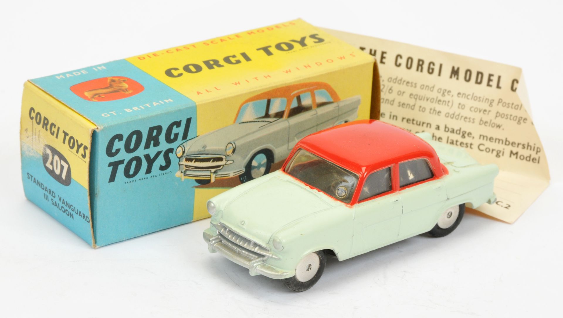 Corgi Toys 207 Standard vanguard saloon  - Two-Tone red over pale green, silver trim and flat spu...