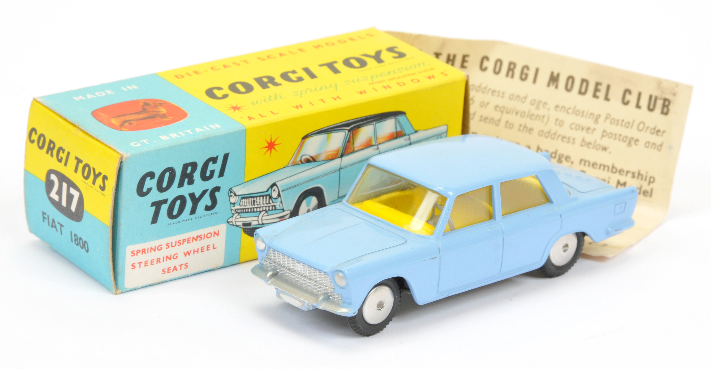 Corgi Toys 217 Fiat 1800 - Light blue body including roof, yellow interior, silver trim flat spun...