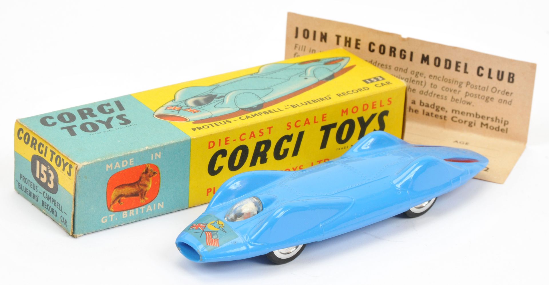 Corgi Toys 153 Proteus-Campbell Record car - blue body with red rear flashes, chrome spun hubs