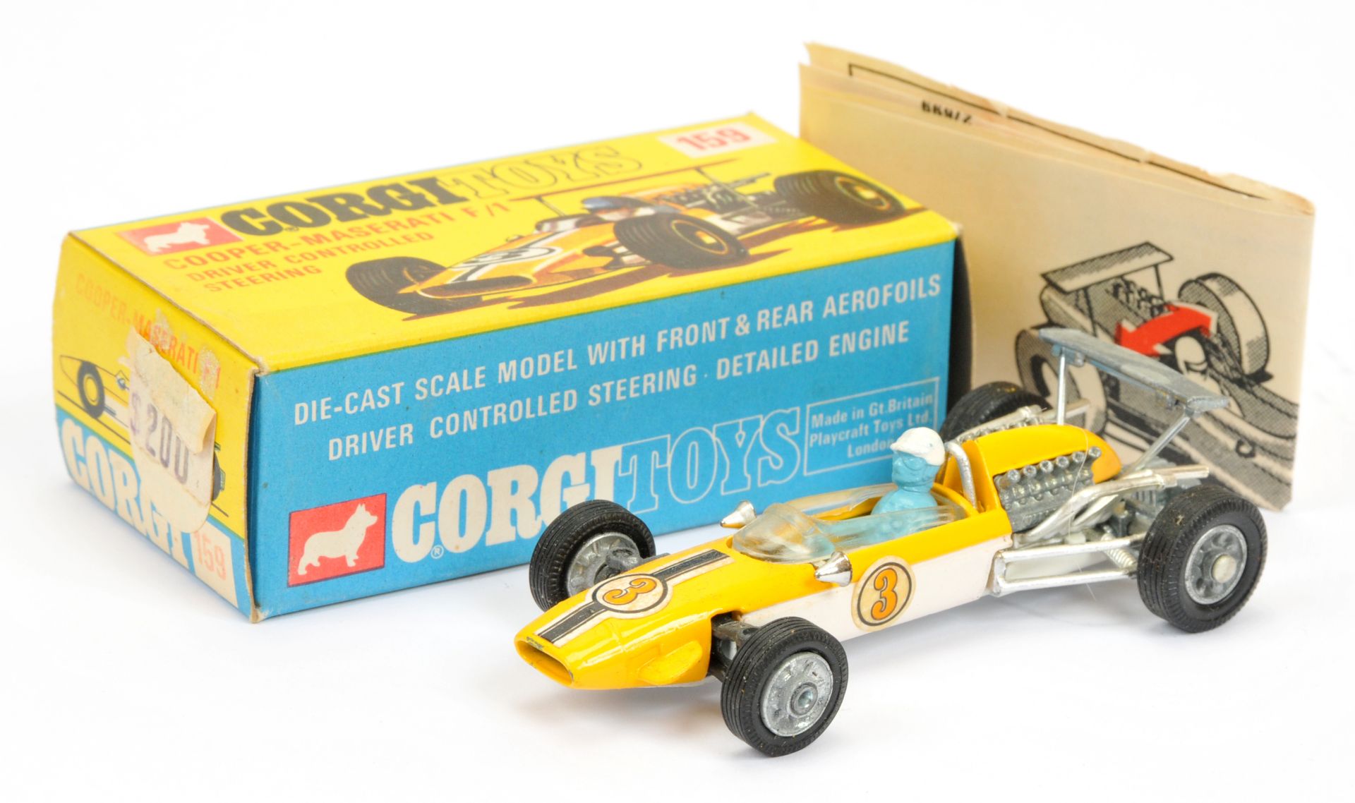 Corgi Toys 159 Cooper Maserati Formula 1 racing car - Two-Tone yellow and white, figure driver