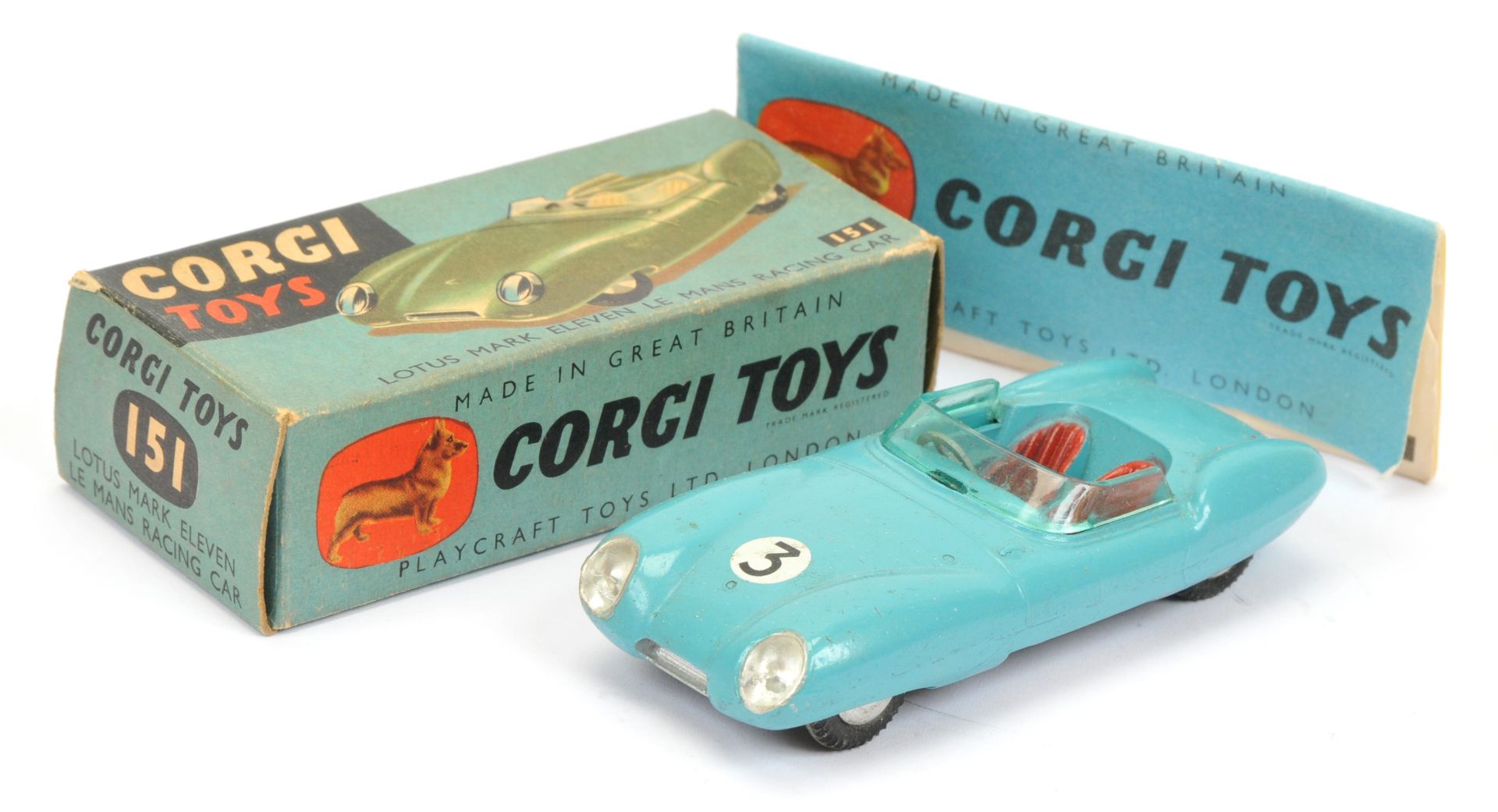 Corgi Toys 151 Lotus Mark 11 Le Mans Racing car - drab light blue, red seats, silver trim,