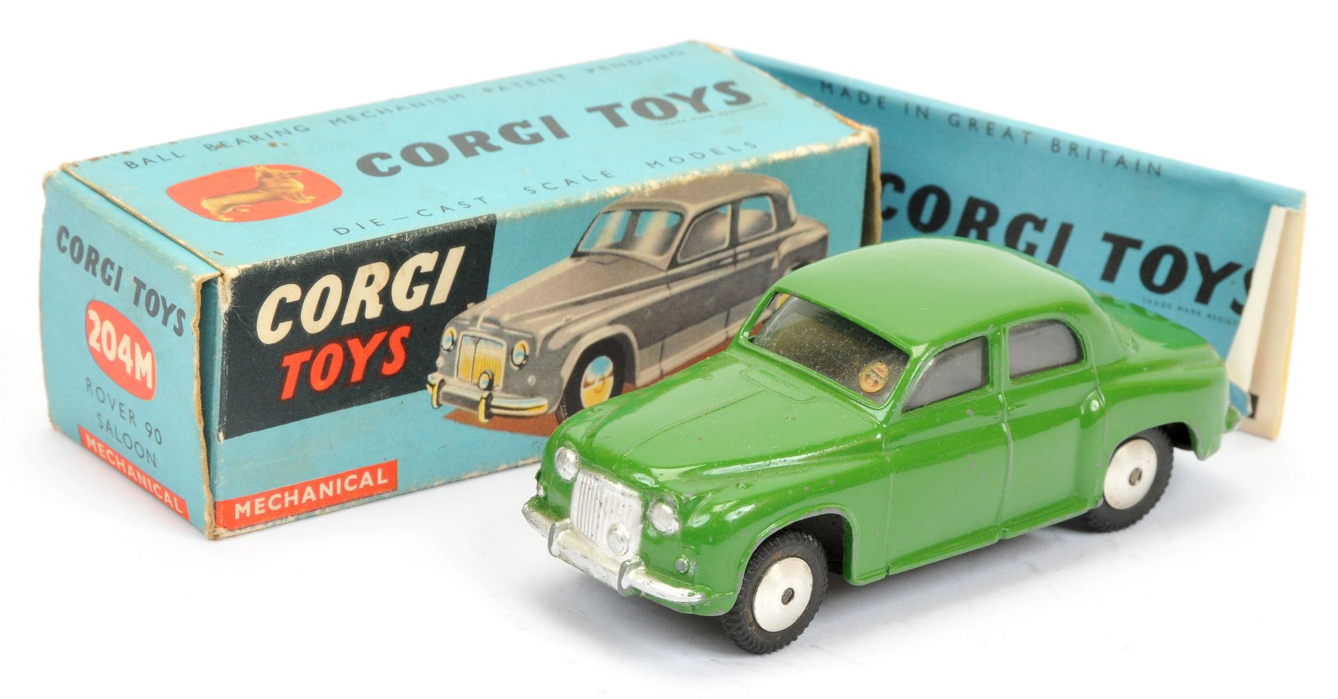 Corgi Toys 204M Rover 90 Saloon - green body,silver trim, mechanical motor and flat spun hubs