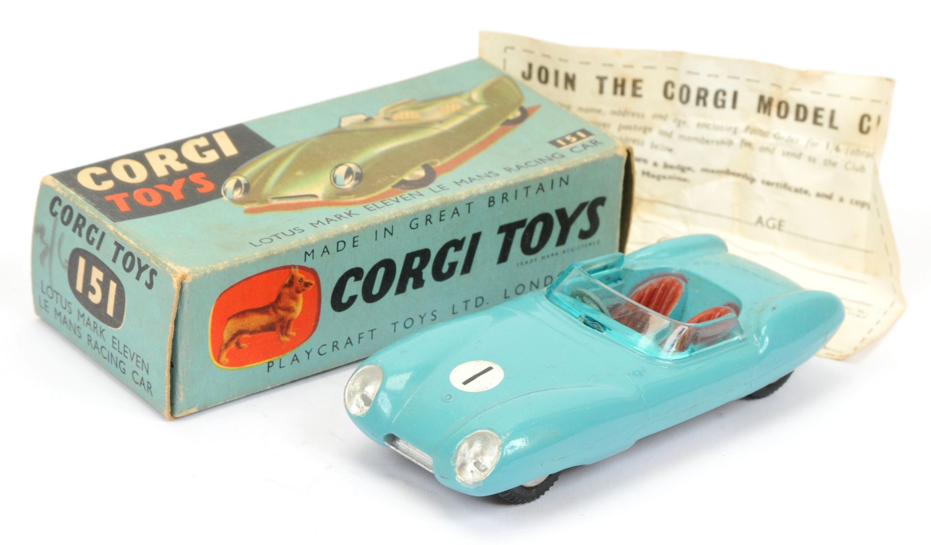 Corgi Toys 151 Lotus Mark 11 Le Mans Racing car - Drab light blue, red seats, silver trim