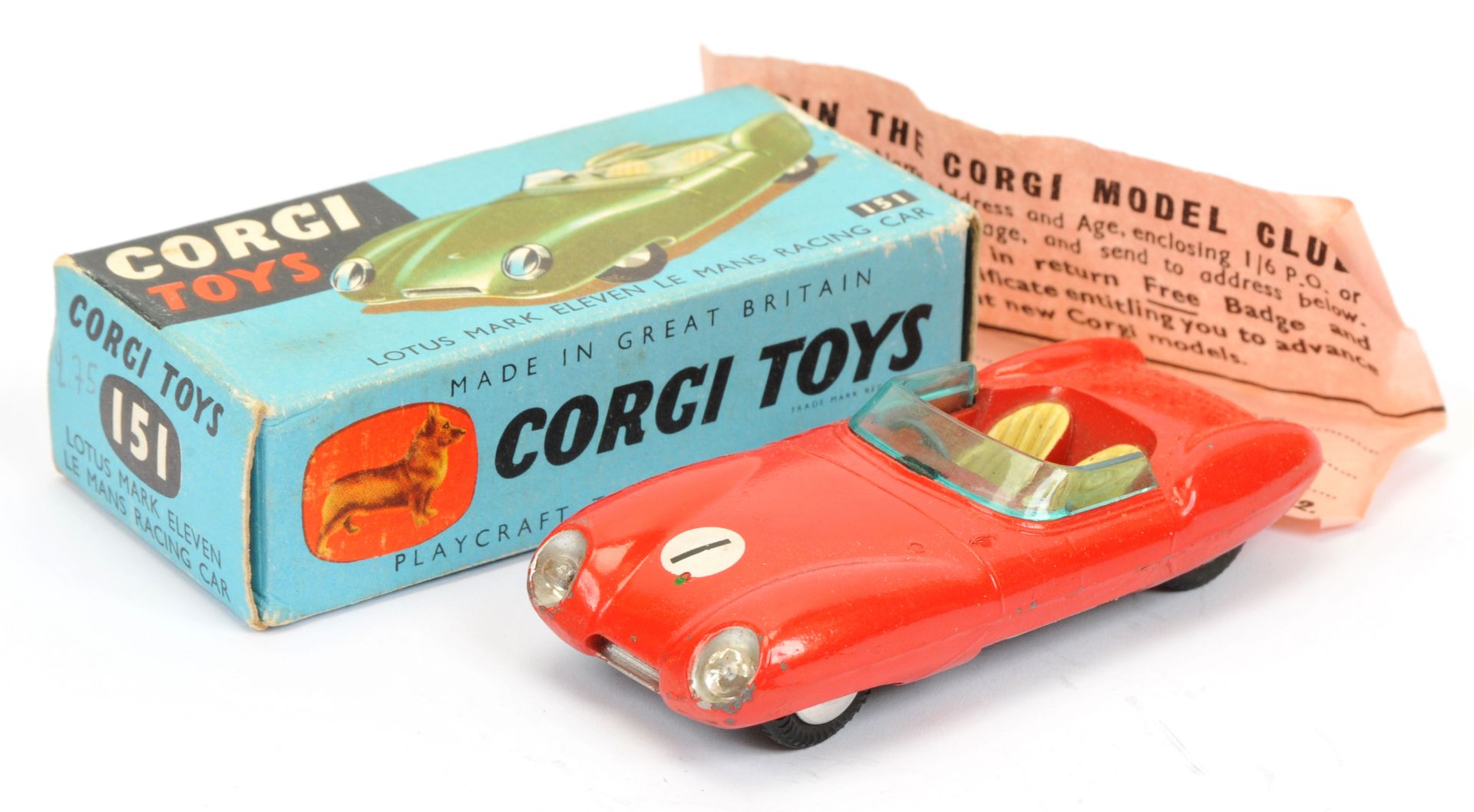 Corgi Toys 151 Lotus Mark 11 Le Mans Racing car - Red, cream seats, silver trim