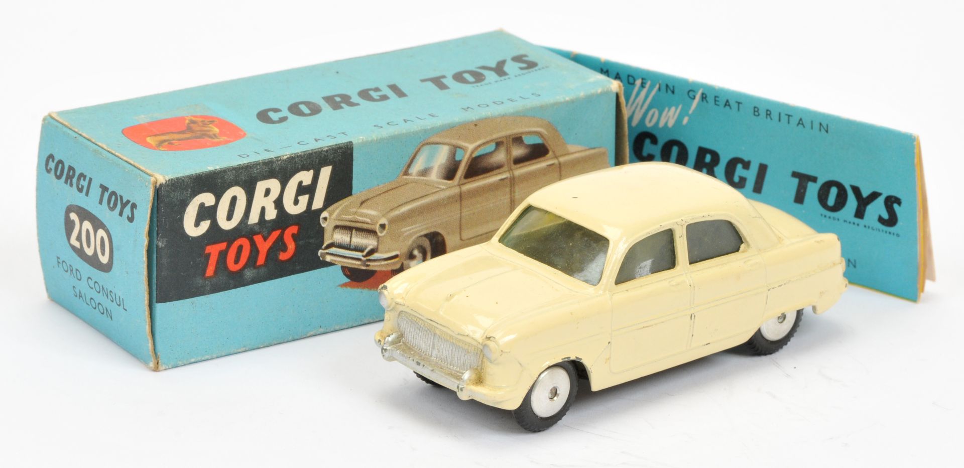 Corgi Toys 200 Ford Consul Saloon - cream body, silver trim and flat spun hubs