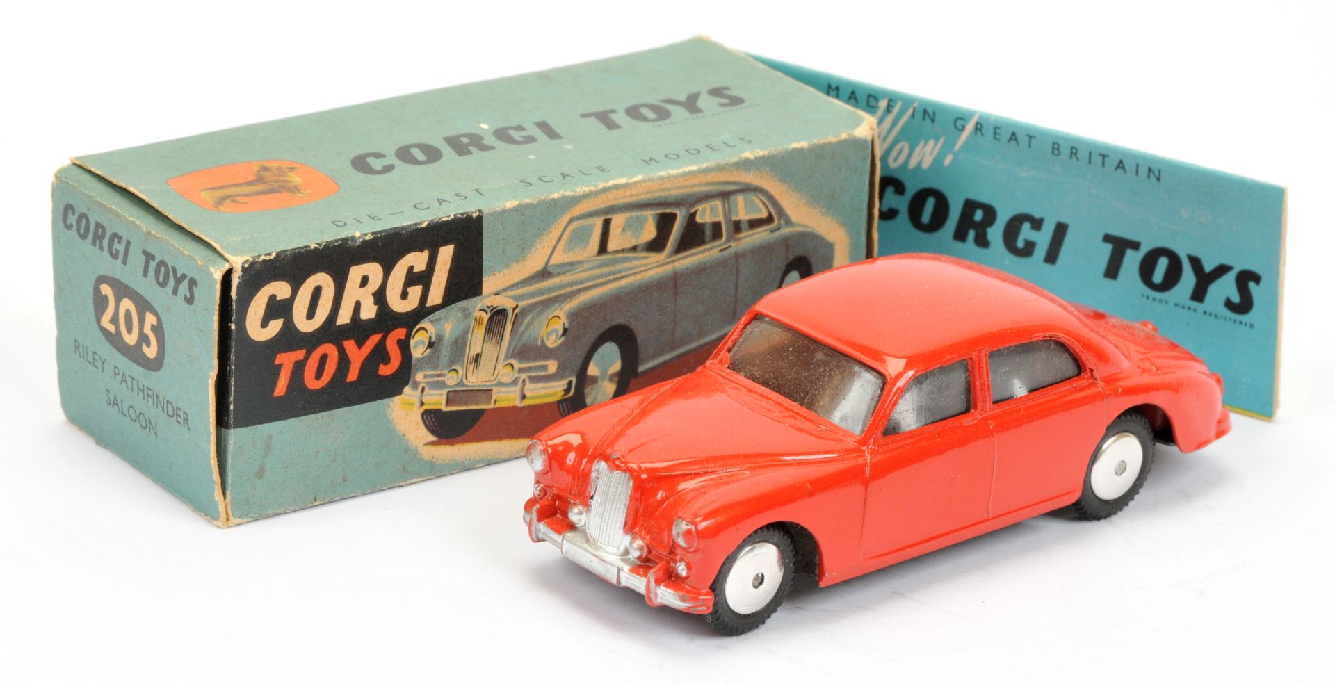 Corgi Toys 205 Riley Pathfinder Saloon - Bright red body, silver trim and flat spun hubs 