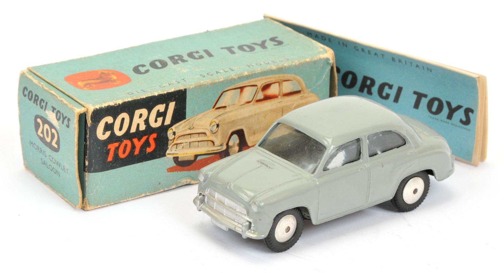 Corgi Toys 202 Morris Cowley Saloon - Grey, silver trim and flat spun hubs