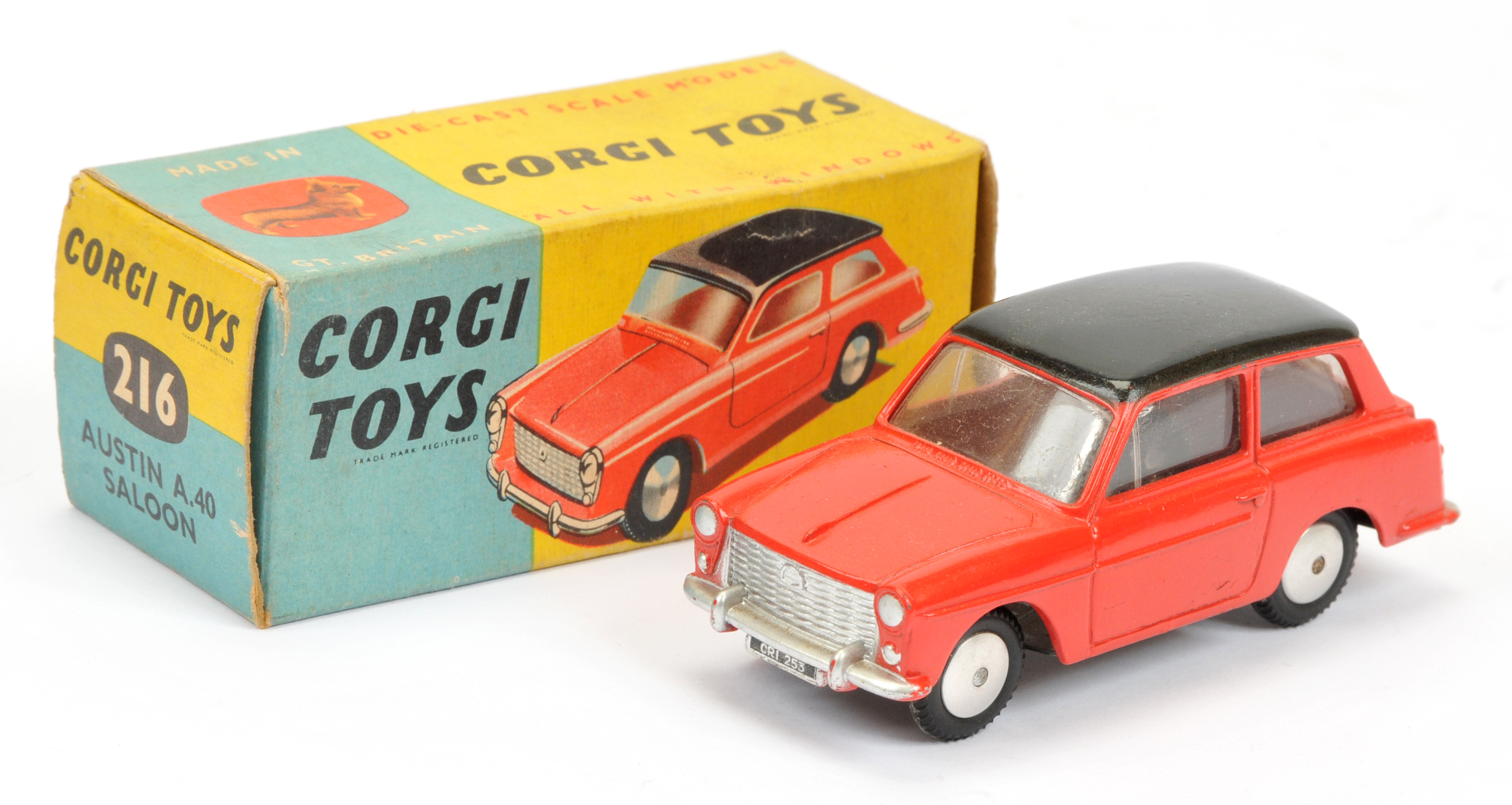 Corgi Toys 216 Austin A40  - Red body with black roof, silver trim and spun hubs 