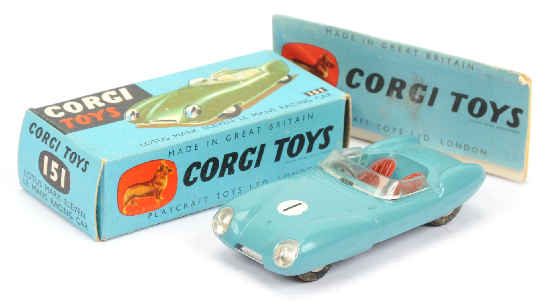 Corgi Toys 151 Lotus Mark 11 Le Mans Racing car - Drab Grayish-blue, red seats, silver trim