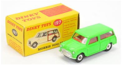 Dinky Toys 197 Morris Mini Traveller - fluorescent Green body, red interior, silver trim and spun...
