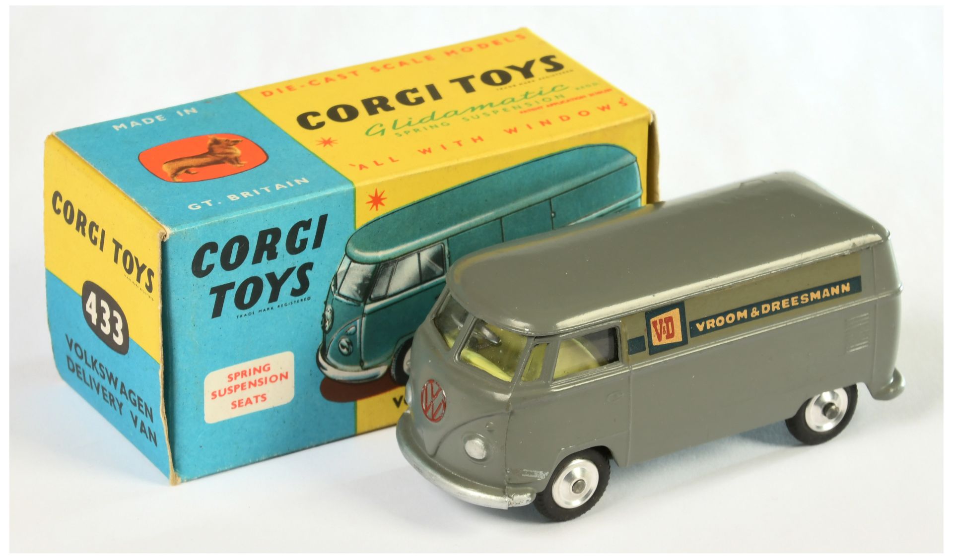 Corgi Toys 433 Volkswagen Delivery Van "Vroom & Dreesmann"  - RARE Promotional issue - Grey Body ...