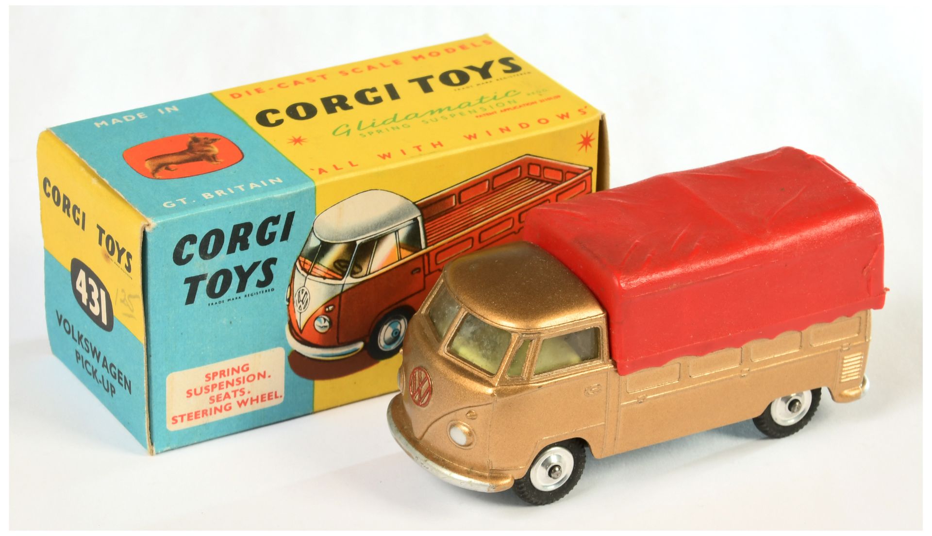 Corgi Toys 431 Volkswagen Pick-Up Truck - RARE GOLD Body with lemon interior and red plastic cano...