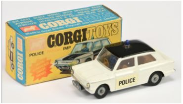 Corgi Toys 506 "Police" Sunbeam Imp Car -  White body, black roof, brown interior with figure, si...
