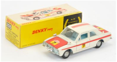 Dinky Toys 205 Ford Cortina rally Car "Rallye Monte-Carlo" - White body, red bonnet, boot and str...