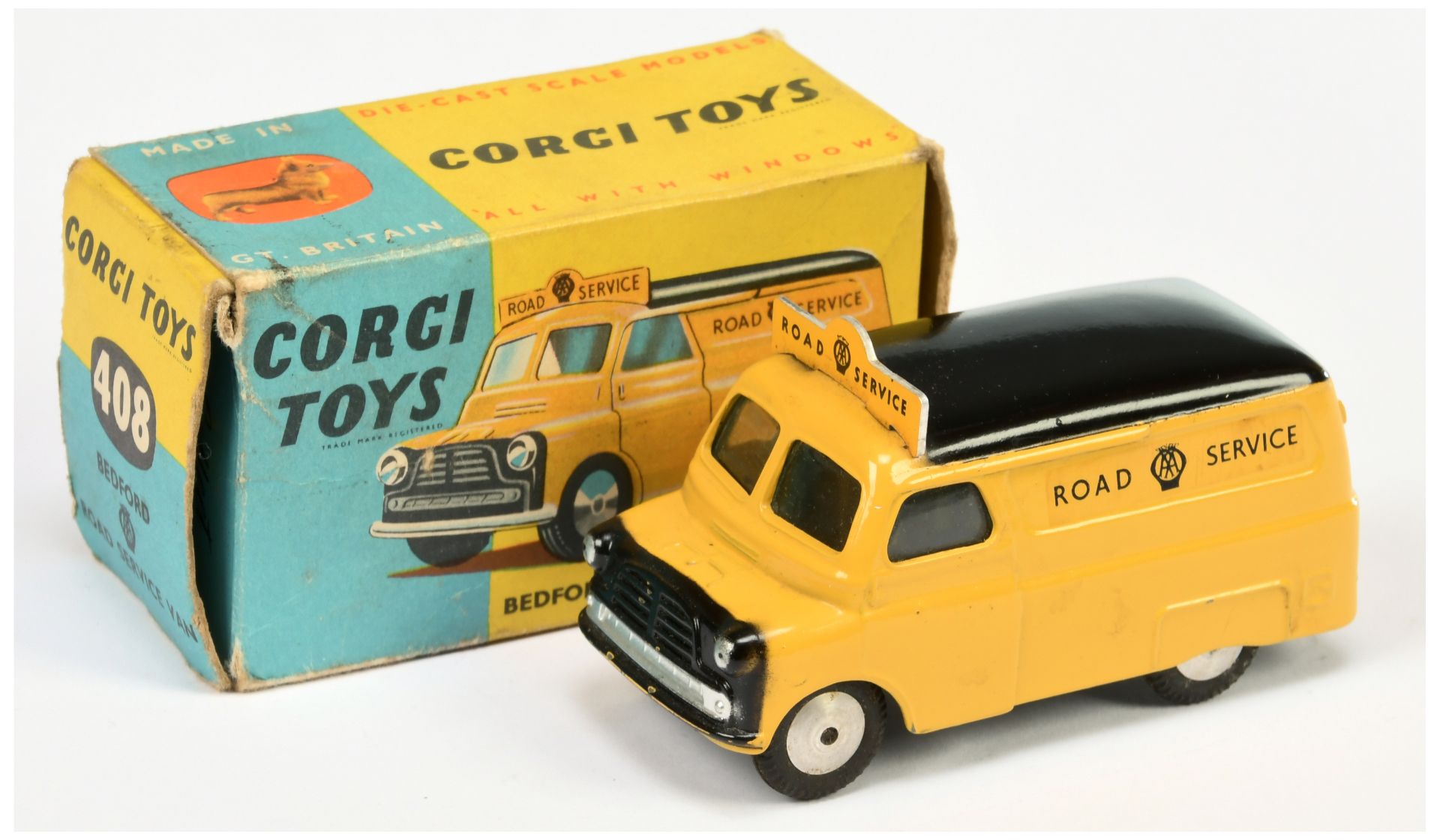Corgi Toys  408 Bedford Van "AA Road service" - Yellow body, black including smooth roof, silver ...